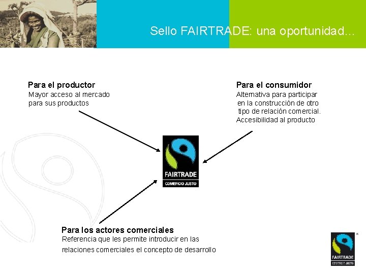 Sello FAIRTRADE: una oportunidad… Para el productor Para el consumidor Mayor acceso al mercado