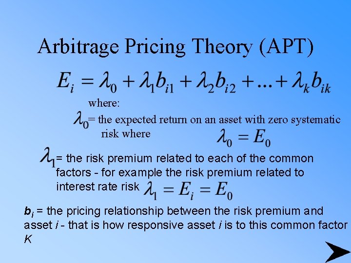 Arbitrage Pricing Theory (APT) where: = the expected return on an asset with zero