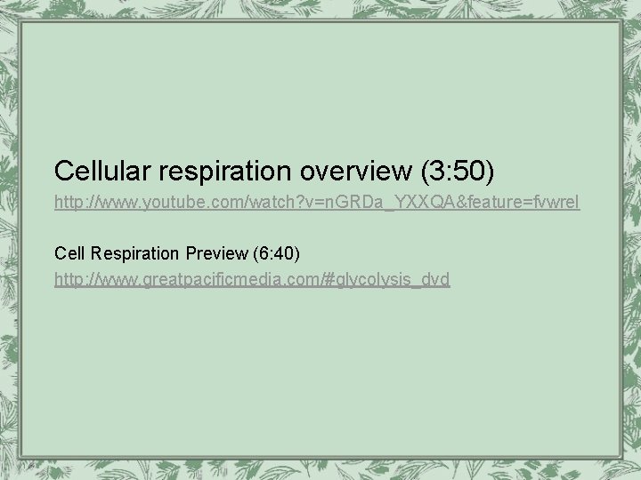 Cellular respiration overview (3: 50) http: //www. youtube. com/watch? v=n. GRDa_YXXQA&feature=fvwrel Cell Respiration Preview