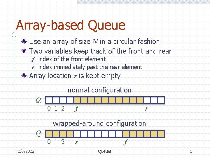 Array-based Queue Use an array of size N in a circular fashion Two variables