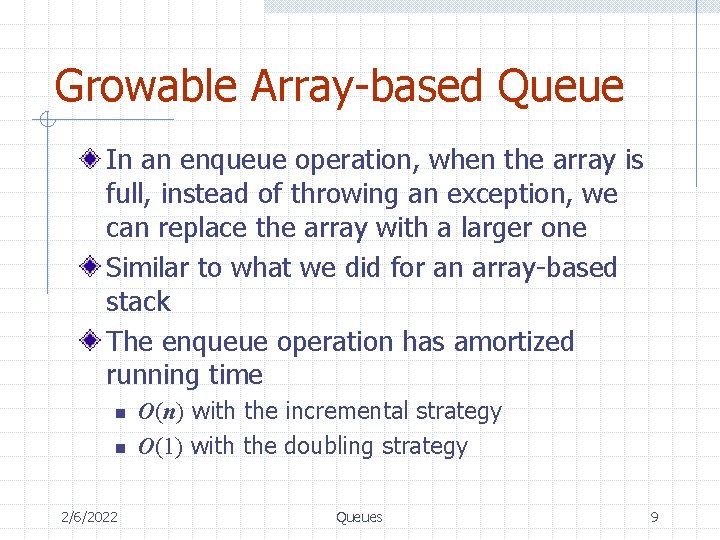 Growable Array-based Queue In an enqueue operation, when the array is full, instead of