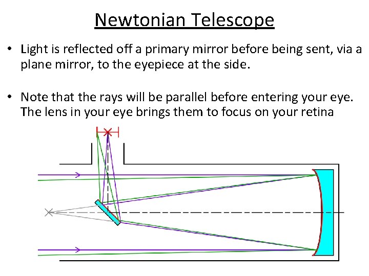 Newtonian Telescope • Light is reflected off a primary mirror before being sent, via
