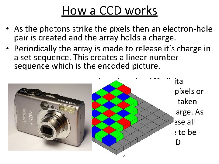 How a CCD works • As the photons strike the pixels then an electron-hole