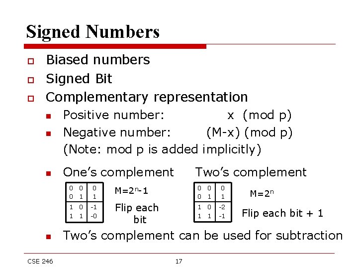 Signed Numbers o o o Biased numbers Signed Bit Complementary representation n Positive number: