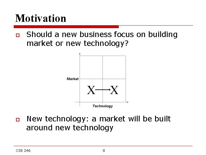 Motivation o o Should a new business focus on building market or new technology?