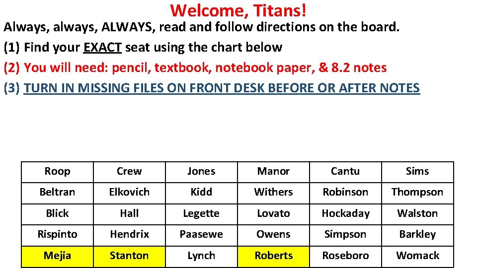 Welcome, Titans! Always, always, ALWAYS, read and follow directions on the board. (1) Find