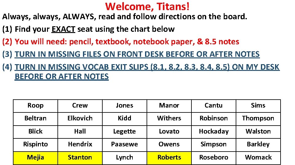 Welcome, Titans! Always, always, ALWAYS, read and follow directions on the board. (1) Find
