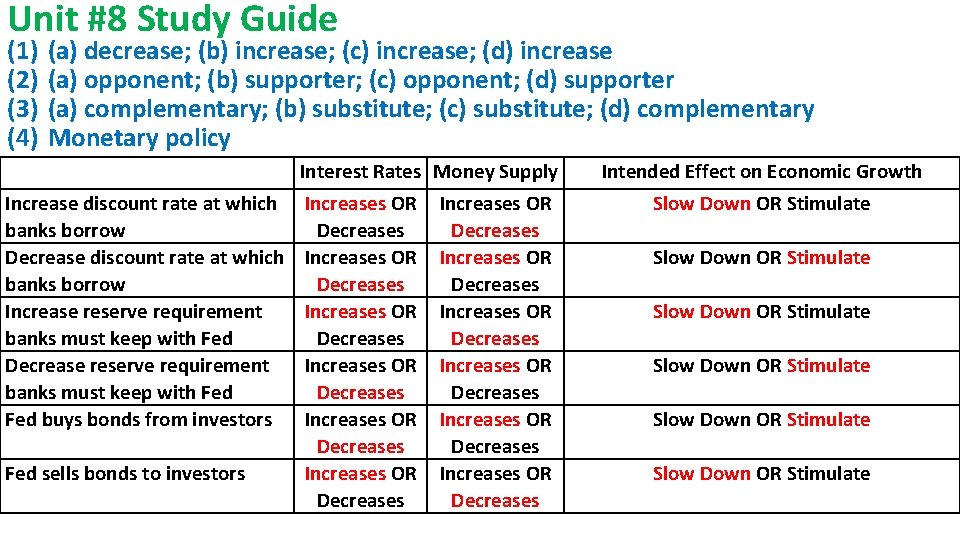 Unit #8 Study Guide (1) (2) (3) (4) (a) decrease; (b) increase; (c) increase;