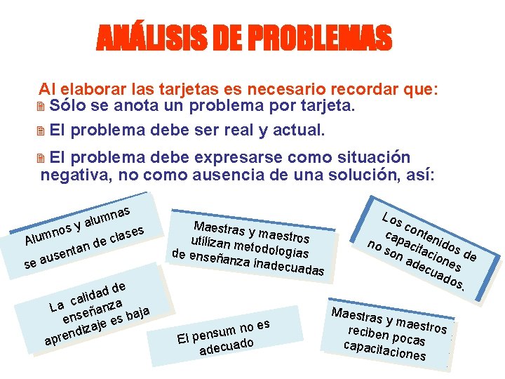 ANÁLISIS DE PROBLEMAS Al elaborar las tarjetas es necesario recordar que: 2 Sólo se