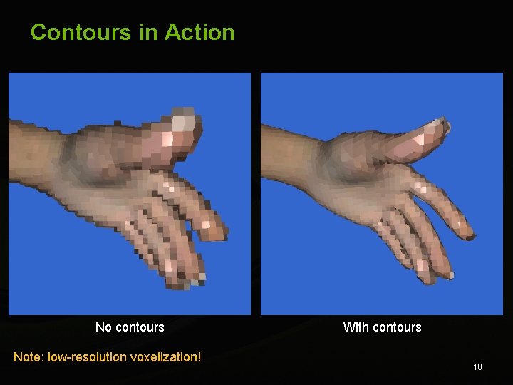 Contours in Action No contours Note: low-resolution voxelization! With contours 10 