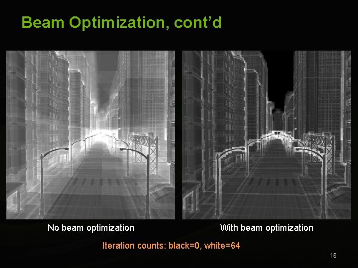 Beam Optimization, cont’d No beam optimization With beam optimization Iteration counts: black=0, white=64 16