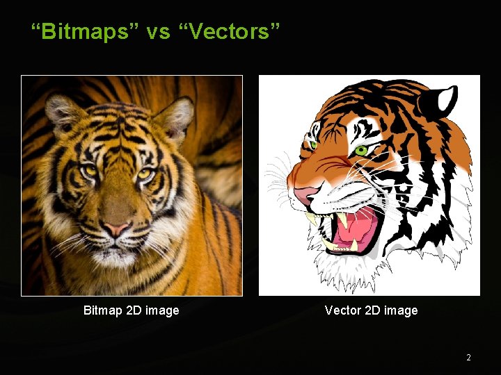 “Bitmaps” vs “Vectors” Bitmap 2 D image Vector 2 D image 2 