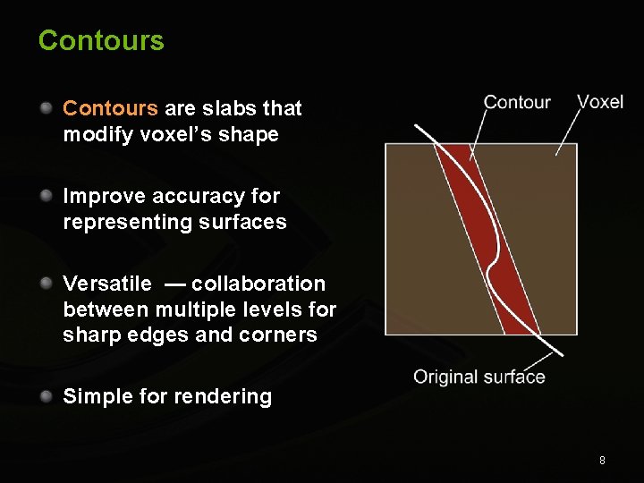 Contours are slabs that modify voxel’s shape Improve accuracy for representing surfaces Versatile —