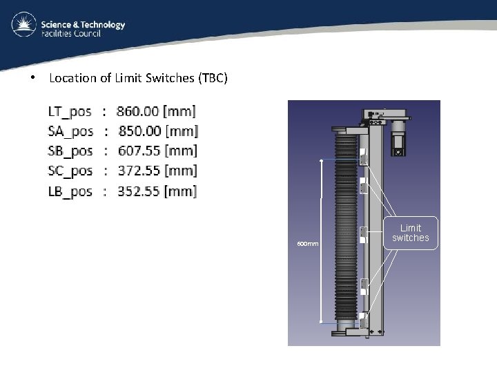  • Location of Limit Switches (TBC) 600 mm Limit switches 