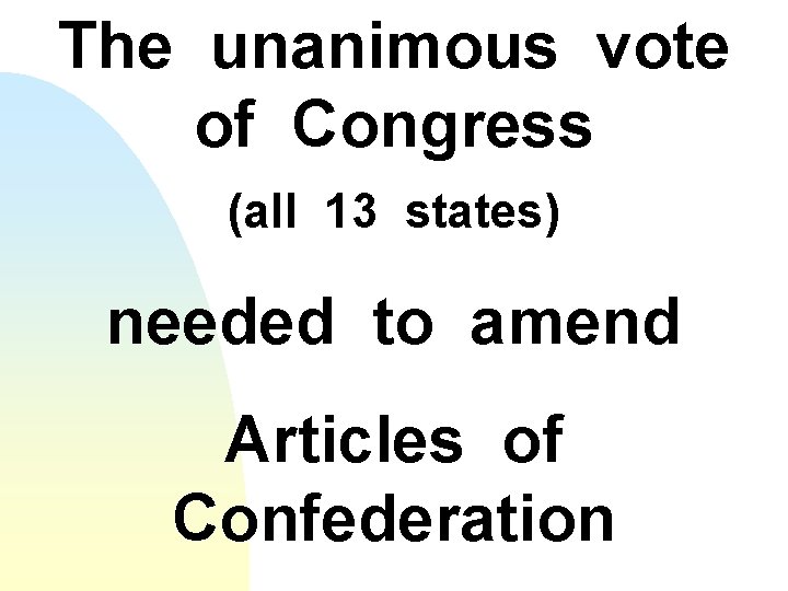 The unanimous vote of Congress (all 13 states) needed to amend Articles of Confederation