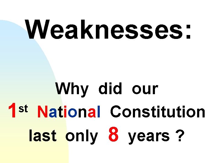 Weaknesses: Why did our st 1 National Constitution last only 8 years ? 