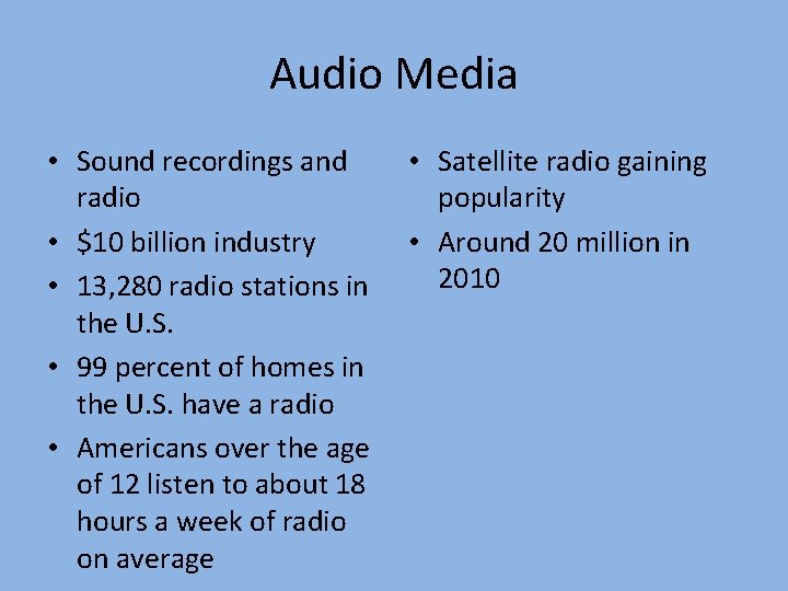 Audio Media • Sound recordings and radio • $10 billion industry • 13, 280