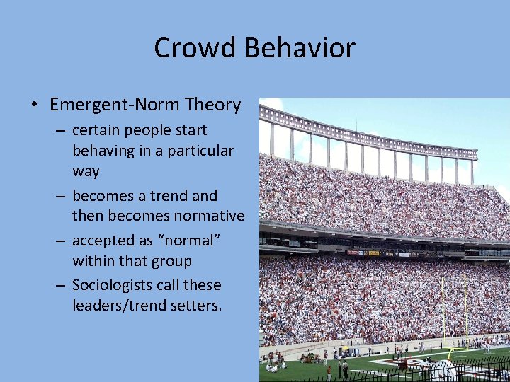 Crowd Behavior • Emergent-Norm Theory – certain people start behaving in a particular way