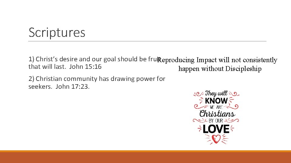 Scriptures 1) Christ’s desire and our goal should be fruit Reproducing Impact will not