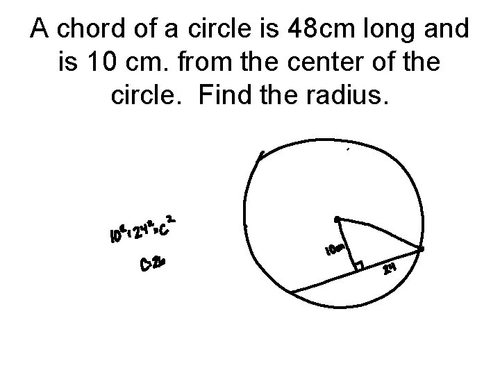 A chord of a circle is 48 cm long and is 10 cm. from