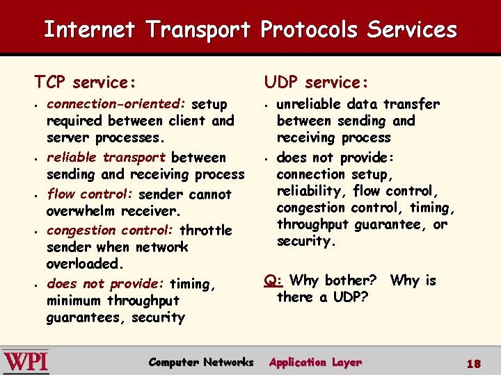 Internet Transport Protocols Services TCP service: UDP service: § § § connection-oriented: setup required