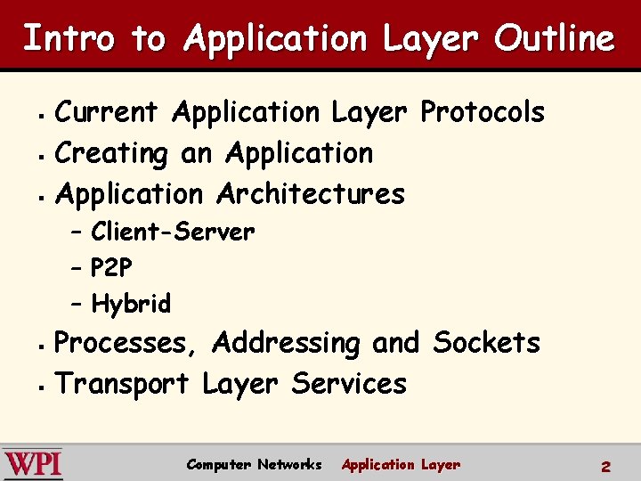 Intro to Application Layer Outline Current Application Layer Protocols § Creating an Application §