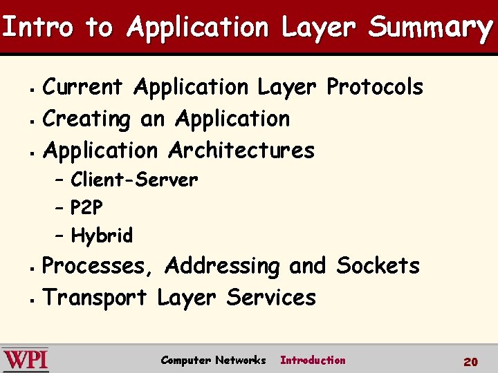 Intro to Application Layer Summary Current Application Layer Protocols § Creating an Application §