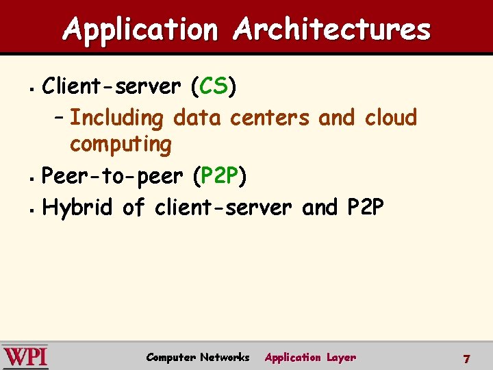 Application Architectures Client-server (CS) – Including data centers and cloud computing § Peer-to-peer (P