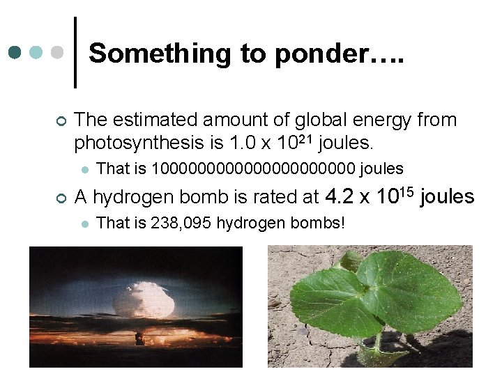 Something to ponder…. ¢ The estimated amount of global energy from photosynthesis is 1.