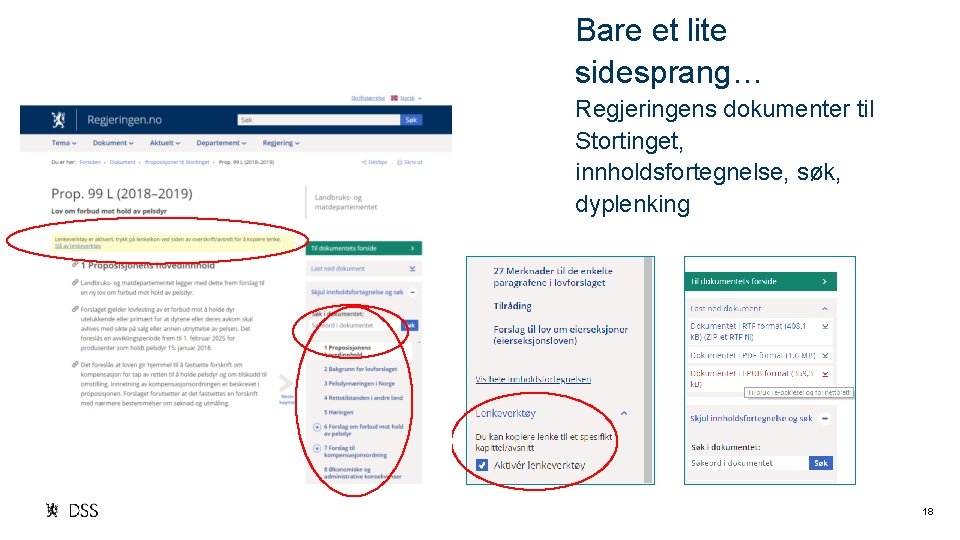 Bare et lite sidesprang… Regjeringens dokumenter til Stortinget, innholdsfortegnelse, søk, dyplenking 18 