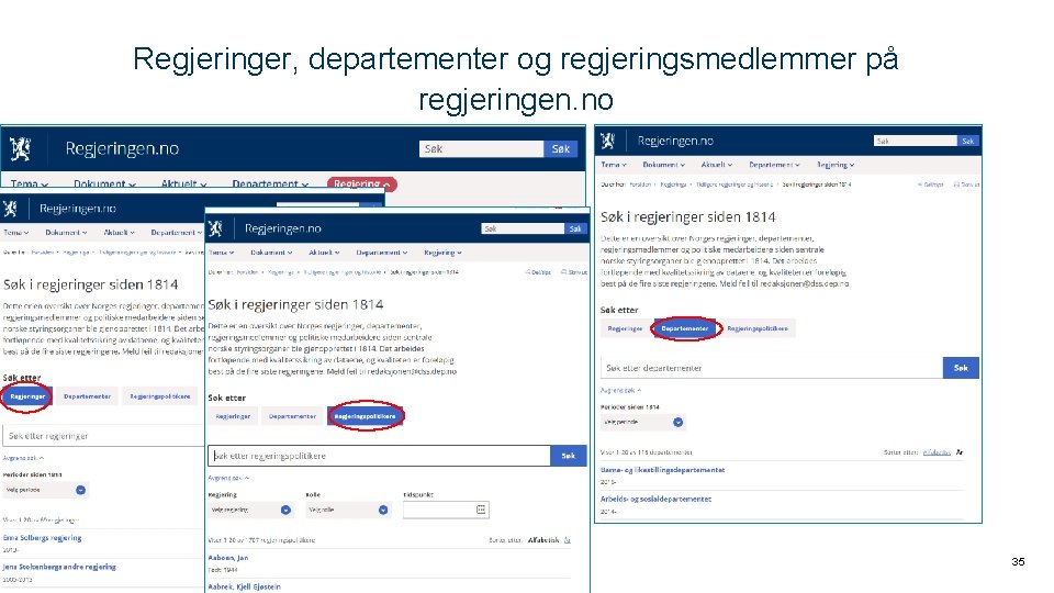 Regjeringer, departementer og regjeringsmedlemmer på regjeringen. no 35 