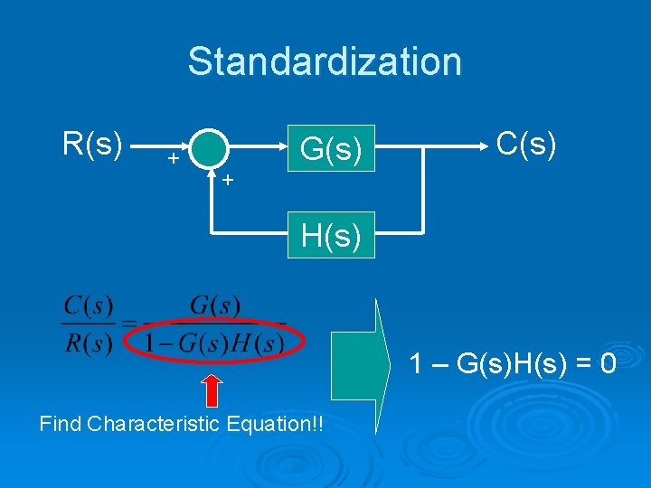 Standardization R(s) + G(s) C(s) + H(s) 1 – G(s)H(s) = 0 Find Characteristic