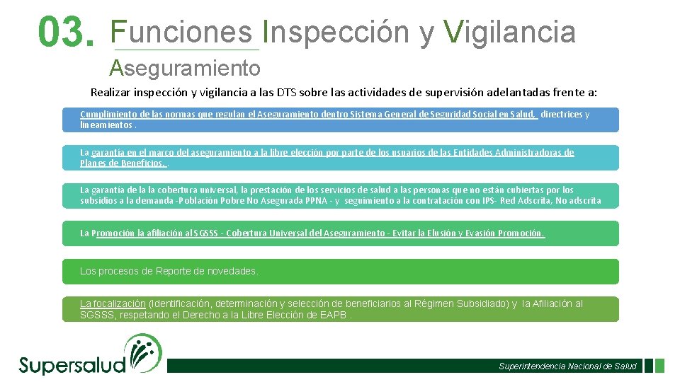 03. Funciones Inspección y Vigilancia Aseguramiento Realizar inspección y vigilancia a las DTS sobre