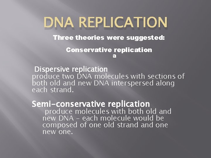 DNA REPLICATION Three theories were suggested: Conservative replication a Dispersive replication produce two DNA