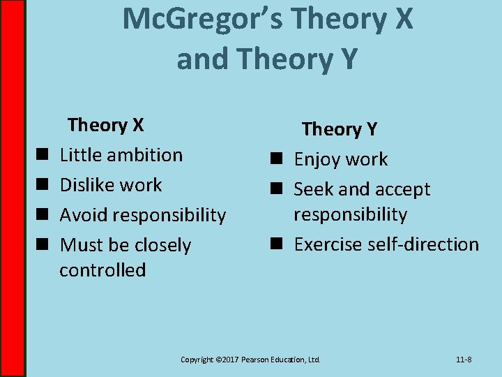 Mc. Gregor’s Theory X and Theory Y n n Theory X Little ambition Dislike