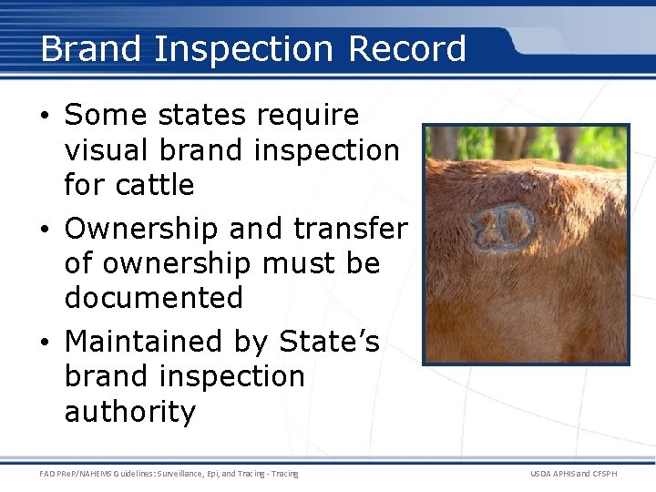 Brand Inspection Record • Some states require visual brand inspection for cattle • Ownership