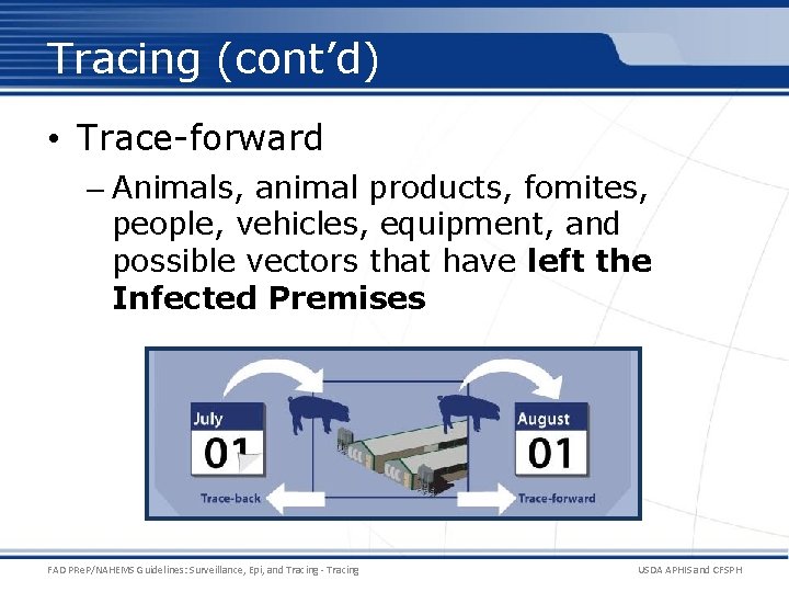 Tracing (cont’d) • Trace-forward – Animals, animal products, fomites, people, vehicles, equipment, and possible