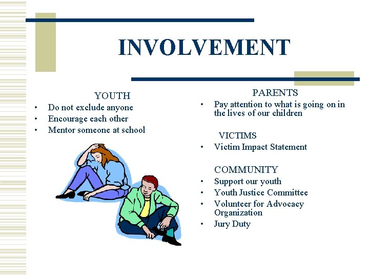 INVOLVEMENT YOUTH • • • Do not exclude anyone Encourage each other Mentor someone