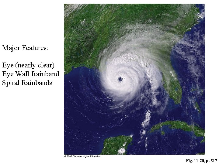 Major Features: Eye (nearly clear) Eye Wall Rainband Spiral Rainbands Fig. 11 -20, p.