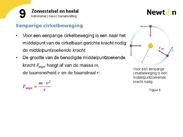 9 Zonnestelsel en heelal Astronomie | havo | Samenvatting Voor eenparige cirkelbeweging is een