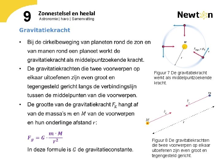 9 Zonnestelsel en heelal Astronomie | havo | Samenvatting Figuur 7 De gravitatiekracht werkt