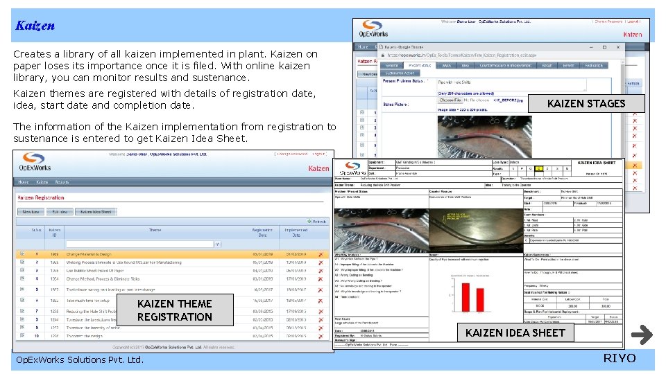 Kaizen Creates a library of all kaizen implemented in plant. Kaizen on paper loses