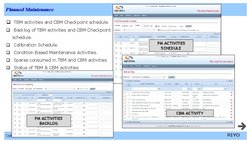 Planned Maintenance q TBM activities and CBM Checkpoint schedule. q Backlog of TBM activities