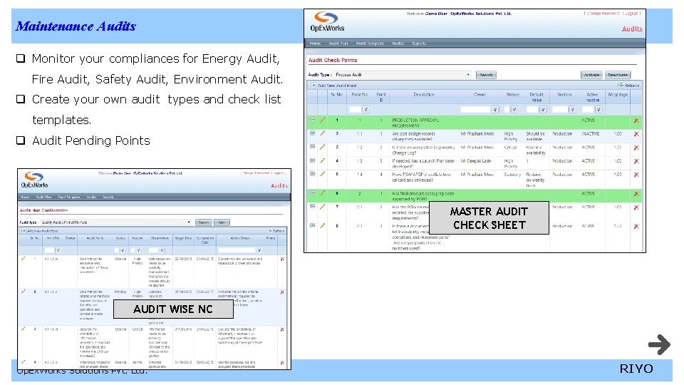 Maintenance Audits q Monitor your compliances for Energy Audit, Fire Audit, Safety Audit, Environment