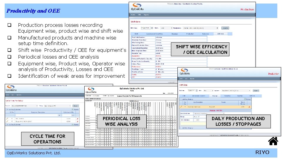 Productivity and OEE q q q Production process losses recording Equipment wise, product wise