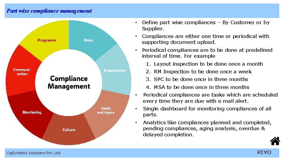 Part wise compliance management • Define part wise compliances – By Customer or by