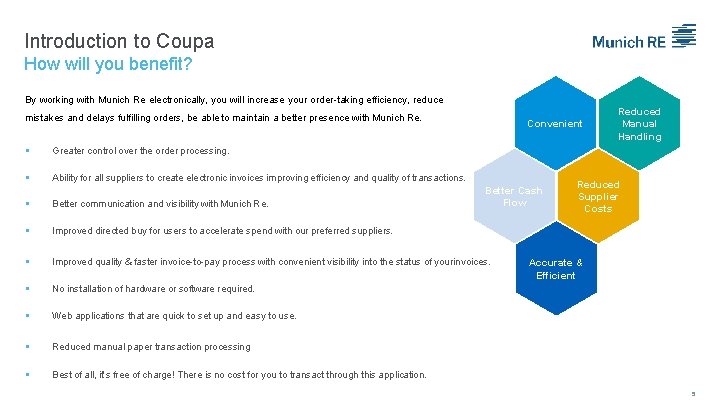 Introduction to Coupa How will you benefit? By working with Munich Re electronically, you