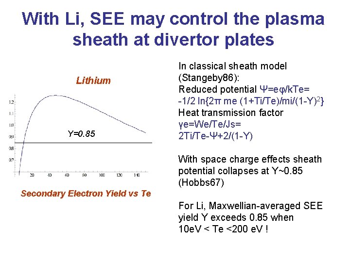 With Li, SEE may control the plasma sheath at divertor plates Lithium Y=0. 85