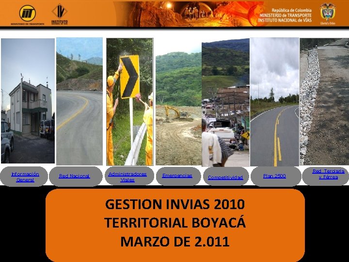 Red Nacional Información General Red Nacional Administradores Viales Emergencias Competitividad GESTION INVIAS 2010 TERRITORIAL