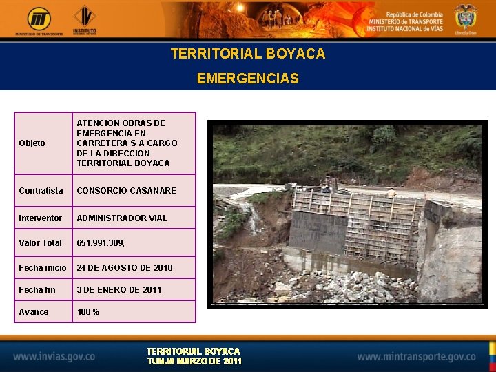 TERRITORIAL BOYACA EMERGENCIAS Objeto ATENCION OBRAS DE EMERGENCIA EN CARRETERA S A CARGO DE
